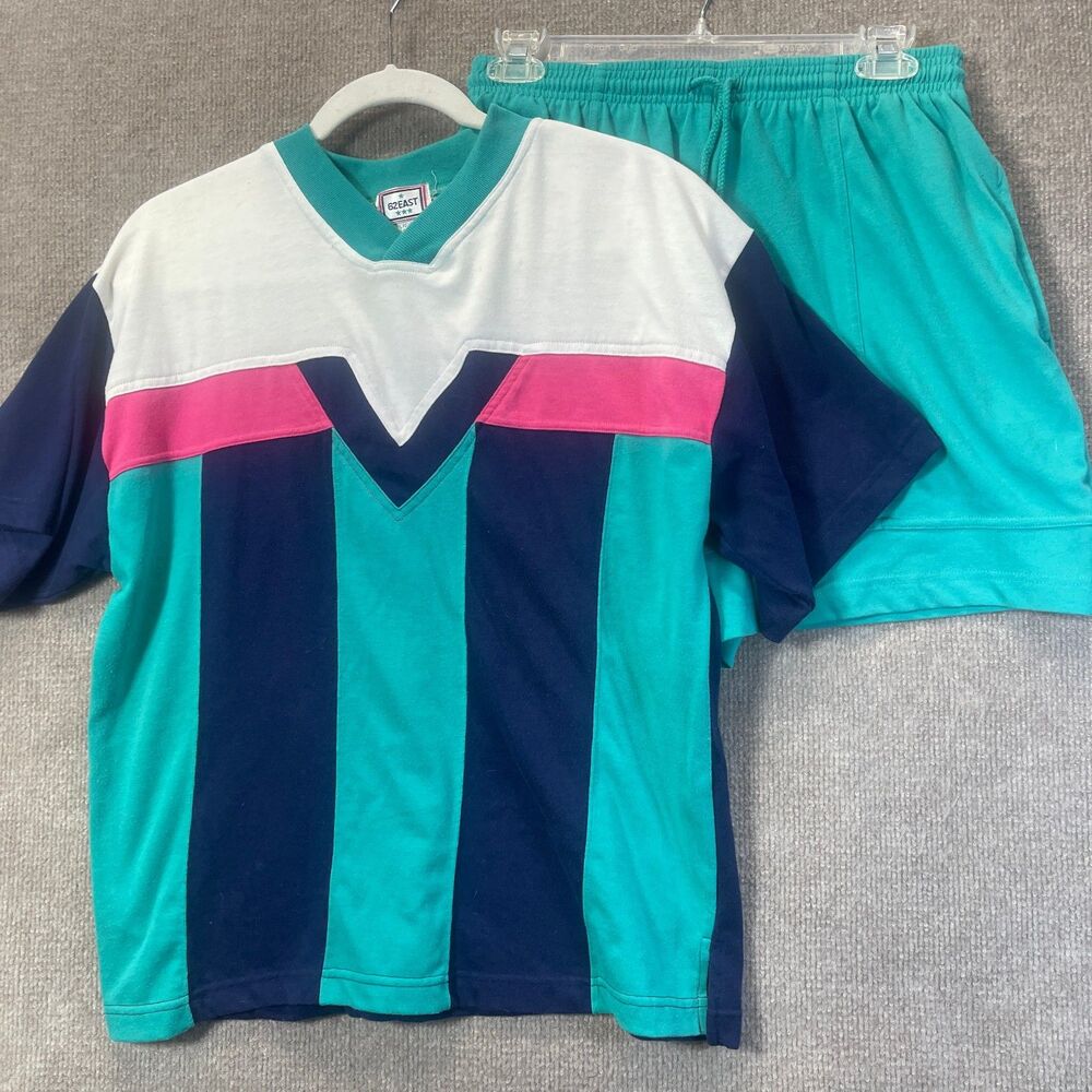 Vintage 62East 80s Colorblock Workout Set Womens M Retro Athletic Shorts Lounge